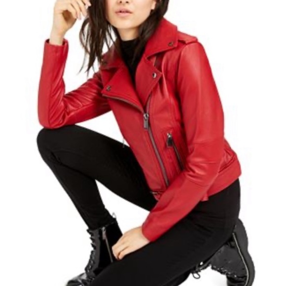 Like new Michael Kors red leather moto jacket - Picture 2 of 12